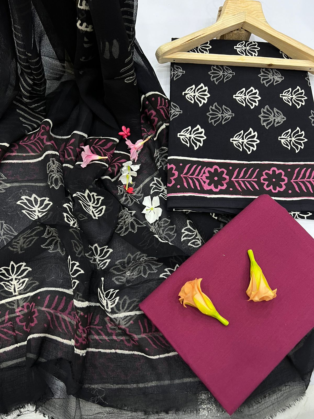 Black hand block printed cotton dress materials online shopping with chiffon dupatta