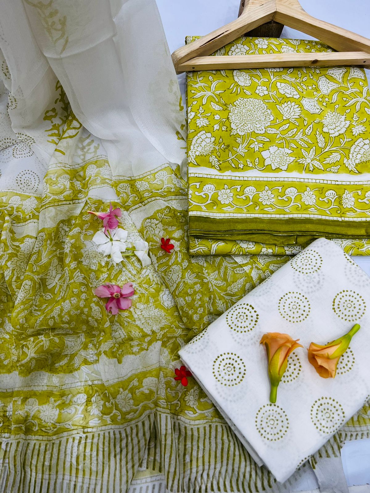 Pear green unstitched hand block printed chiffon dupatta cotton ladies suit design