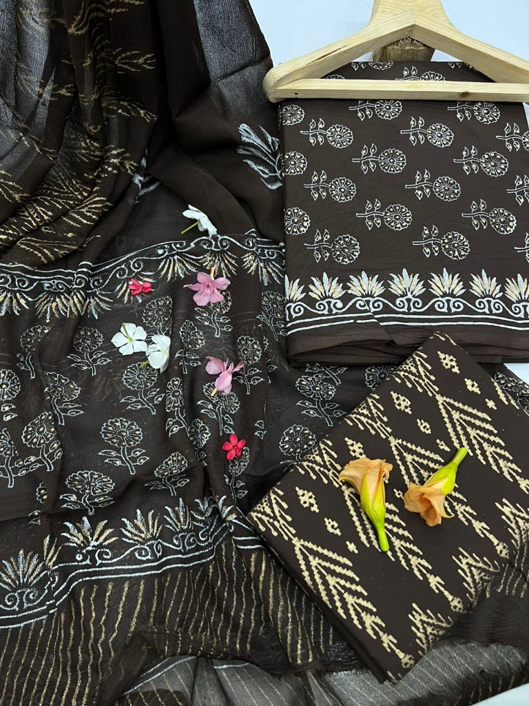 Dark naswari color gold and silver print unstitched cotton new dress design with chiffon dupatta