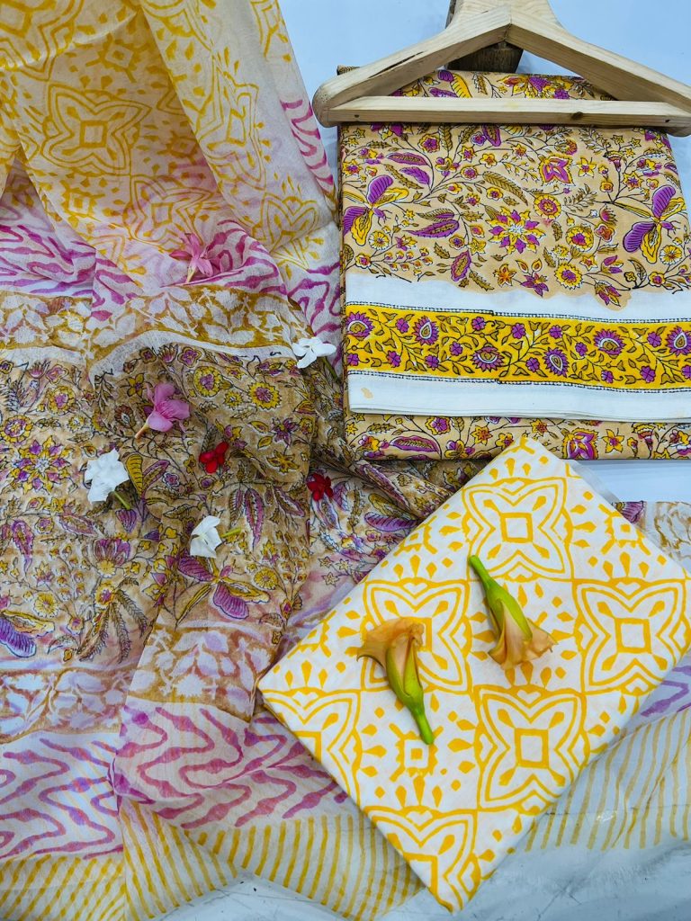 Unstitched Yellow hand block printed cotton new suit design with chiffon dupatta