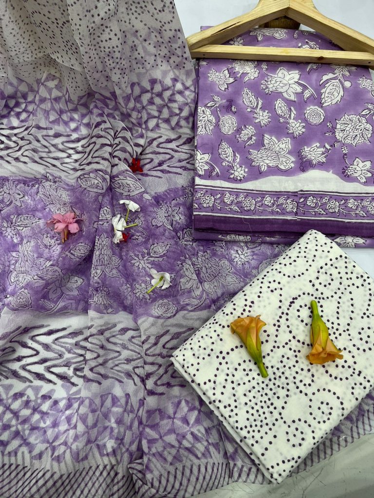 Amethyst color hand block printed cotton fabric online with chiffon dupatta