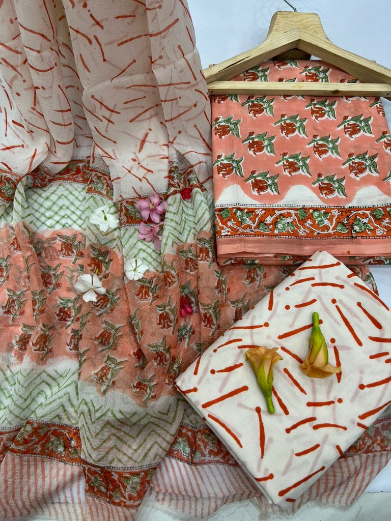 Coral hand block printed cotton dress materials with chiffon dupatta suit dupatta