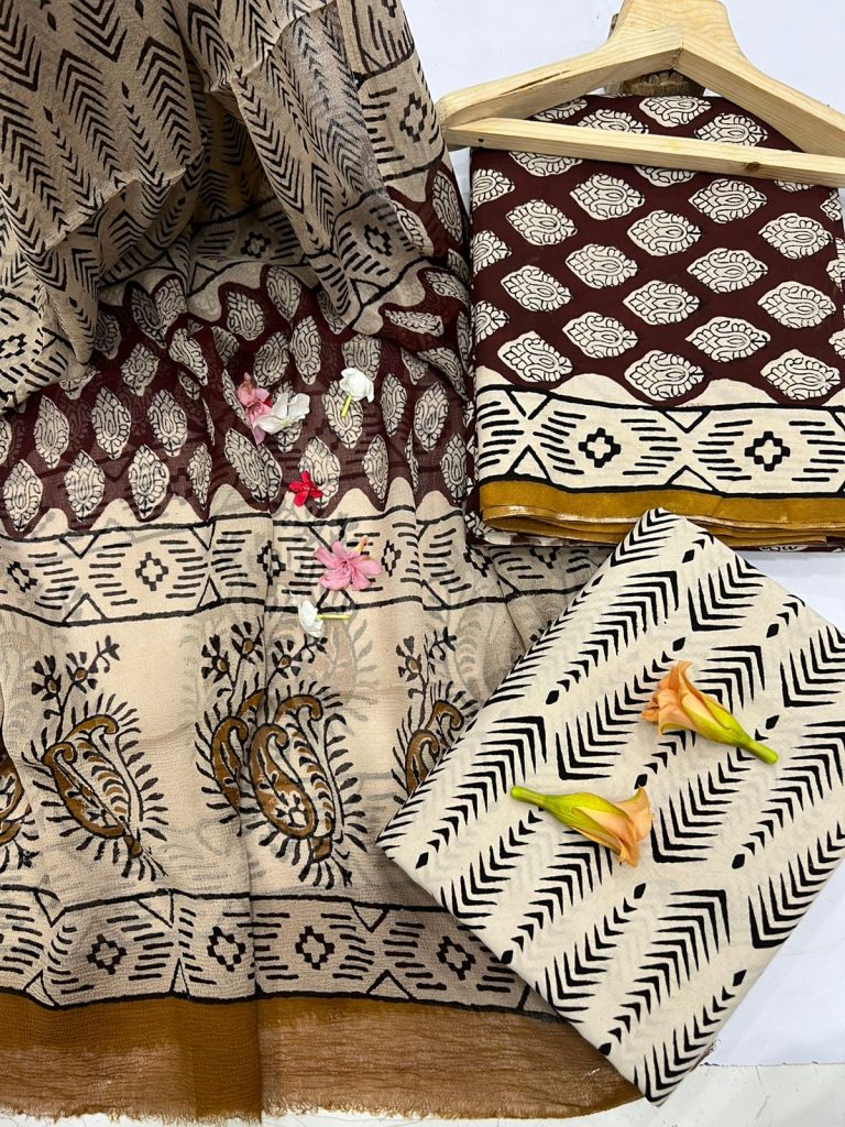 Traditional bagru print cotton suits online with chiffon dupatta