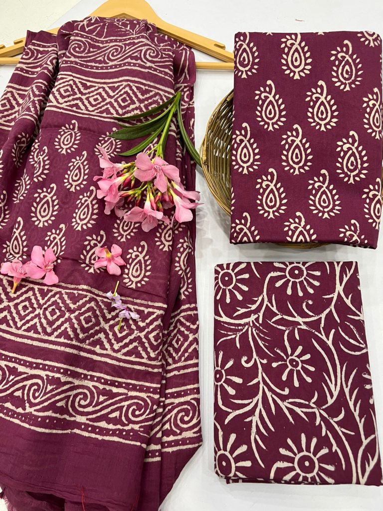 Boysenberry discharge print punjabi cotton salwar kameez with cotton dupatta