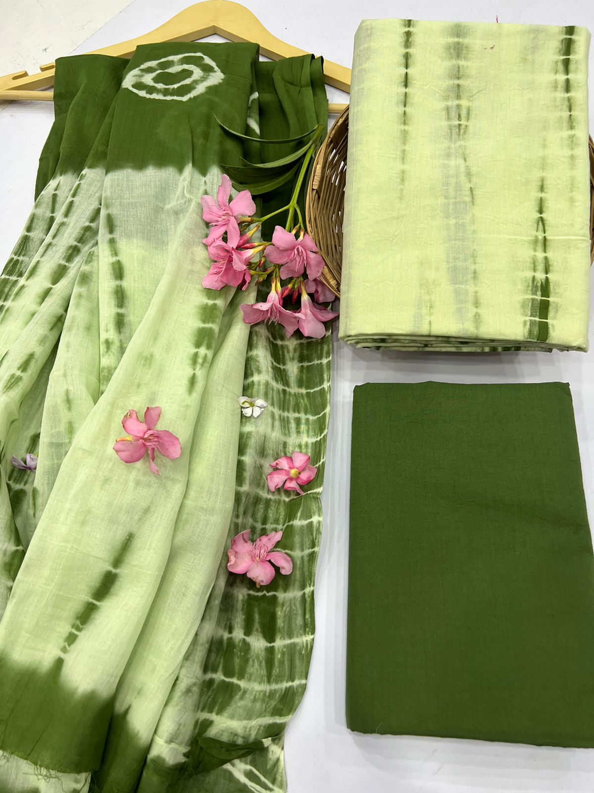 Mindaro and sap green shibori print cotton salwar kameez for office wear with cotton dupatta