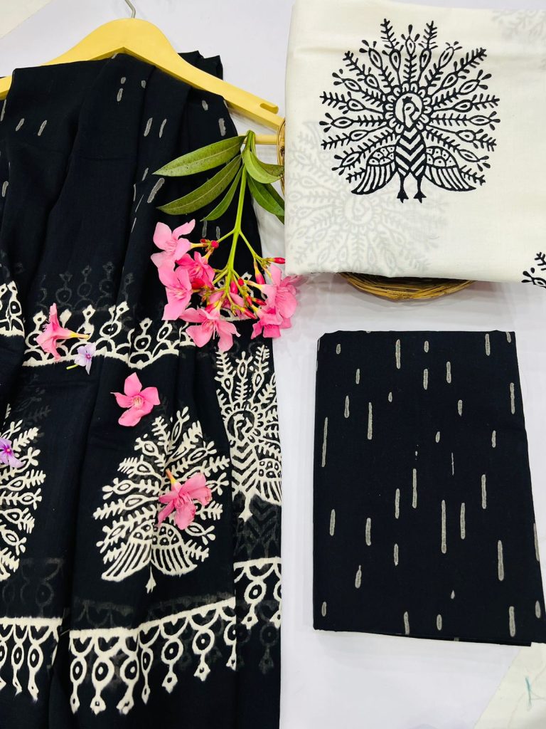 Black and white peacock print summer dress for women with cotton dupatta.jpeg