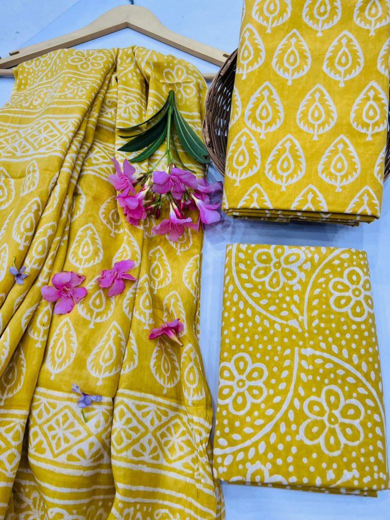 Yellow Pantone discharge print cotton dress materials with cotton dupatta