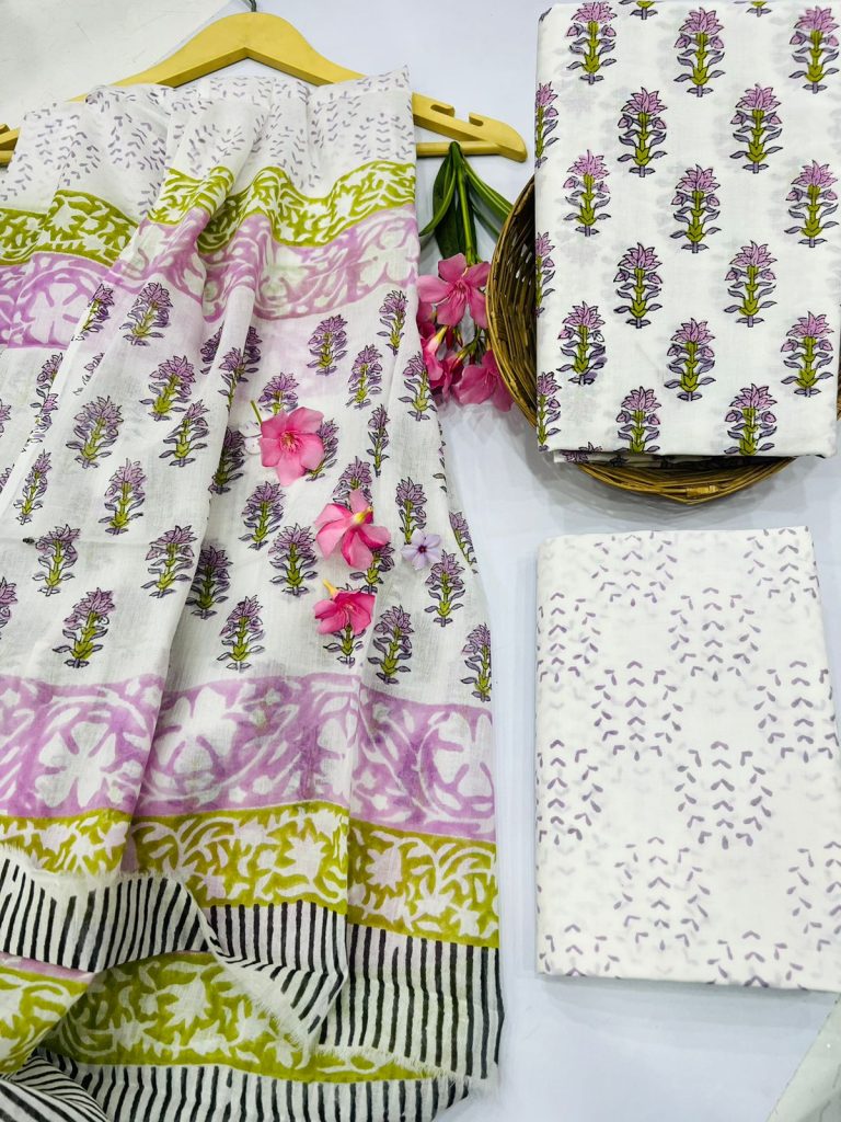 White booty print cotton fabric online with cotton dupatta