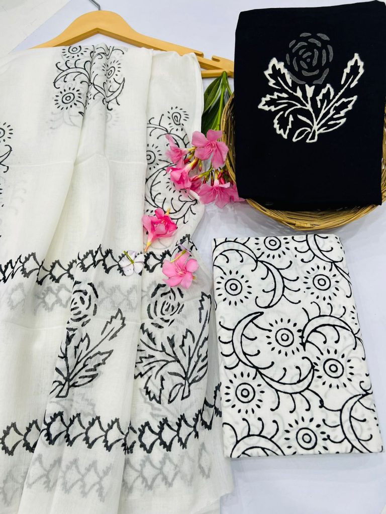 Black top and white cotton dupatta and bottom ladies suit cotton