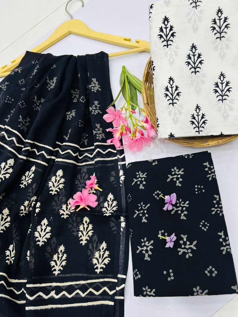 White and black cotton fabric material with cotton dupatta