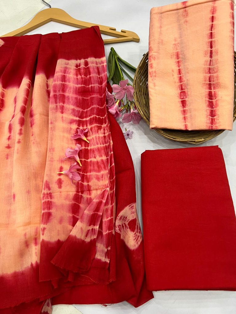 Vivid Tangerine and red shibori print cotton dress materials online with cotton dupatta