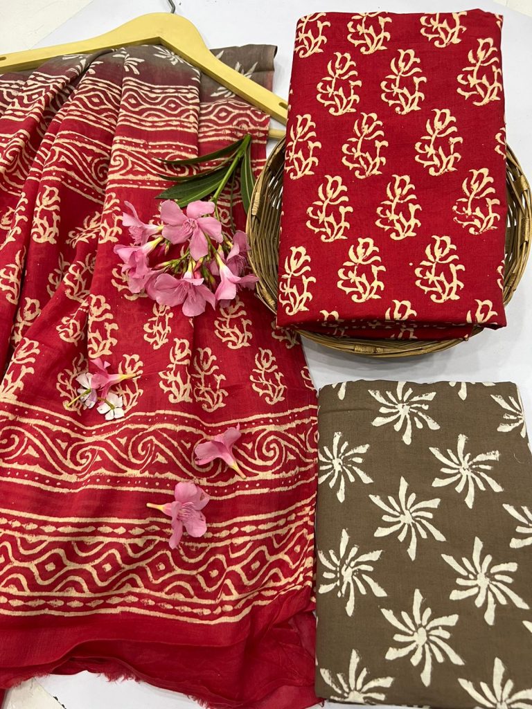 Red and French Bistre hand block printed cotton suits with cotton dupatta