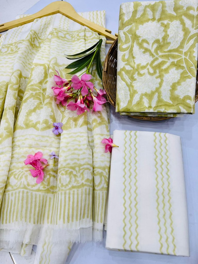 Mindaro green block print cotton suit with cotton dupatta