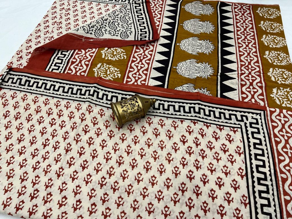 AntiqueWhite and bronze color bagru print cotton saree online