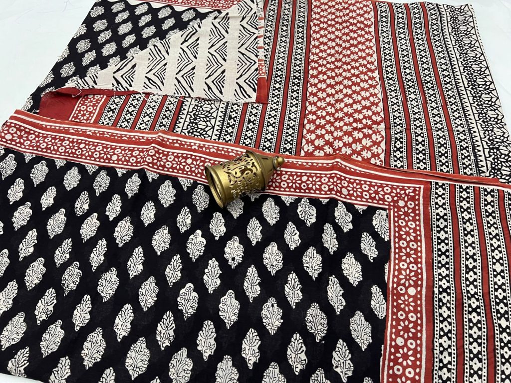 Black bagru print soft cotton sarees