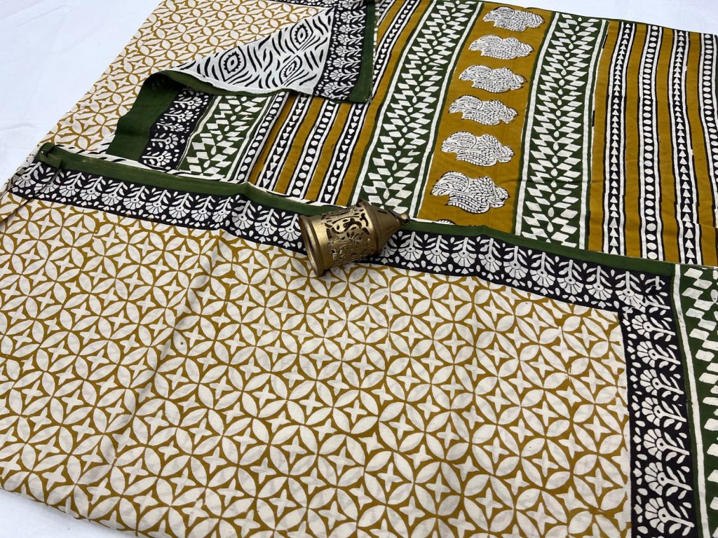 Bronze color bagru print summer cotton sarees online