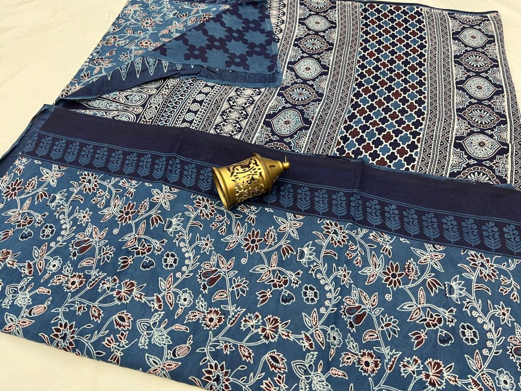 Celtic Blue hand block printed simple cotton saree