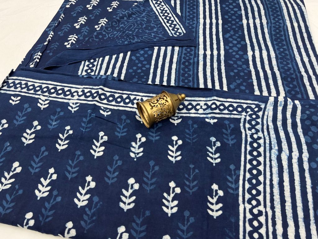 Indigo color block print cotton sarees