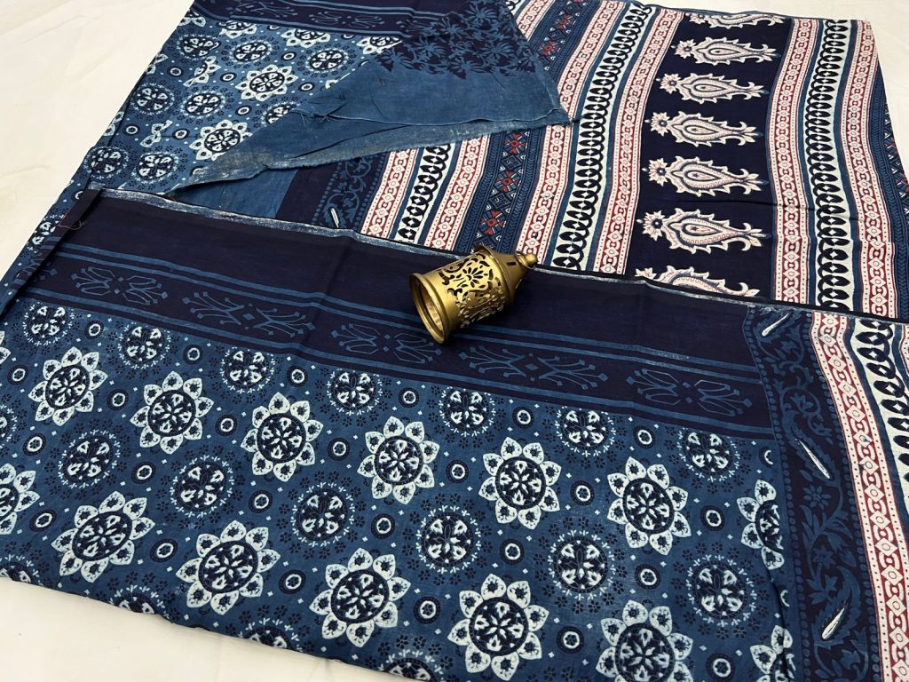 Indigo color hand block printed cotton sarees