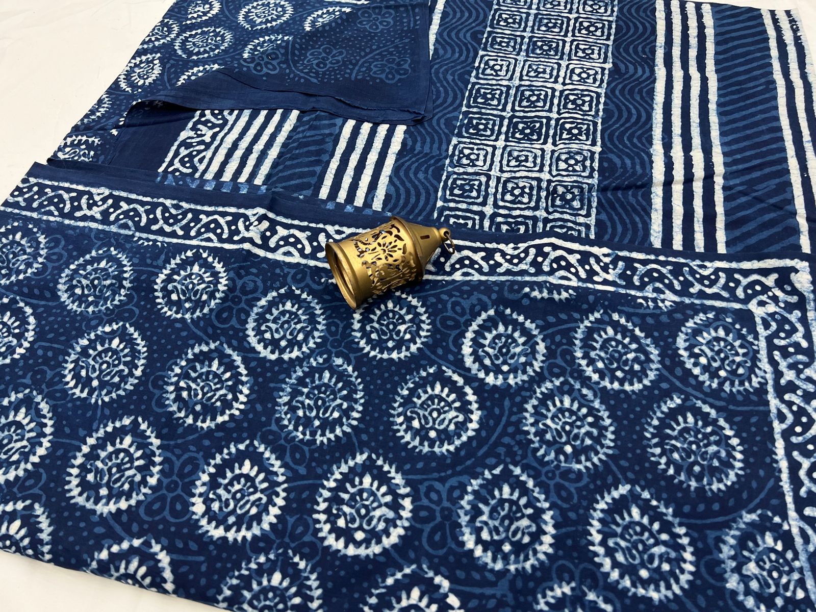 Indigo color printed cotton saree online