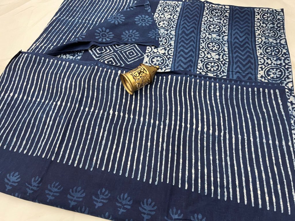 Indigo dabu print daily wear cotton sarees with price