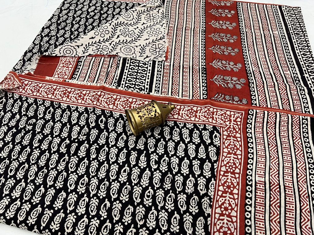 Black bagru print handloom cotton sarees