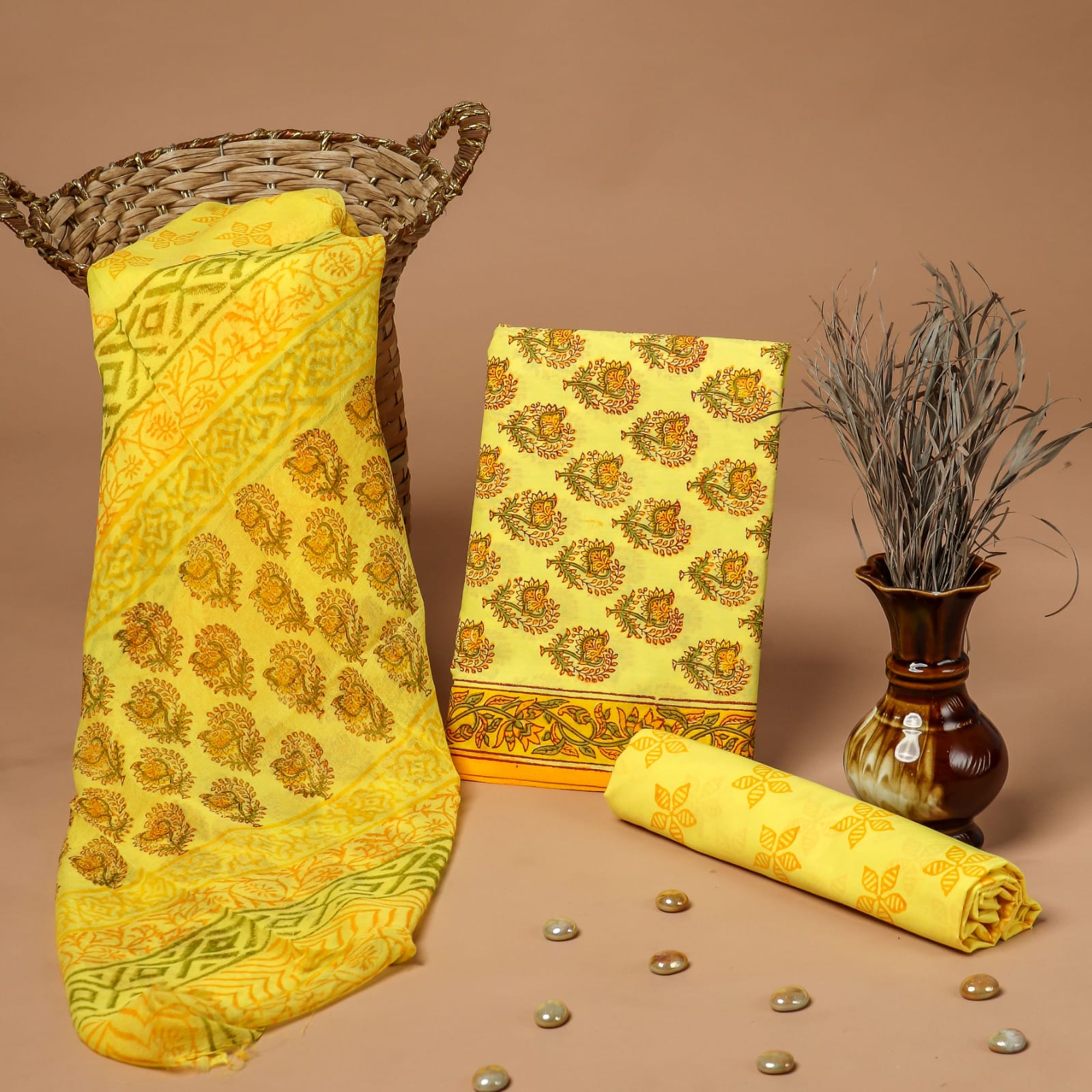Yellow printed unstitched cotton dress materials with chiffon dupatta