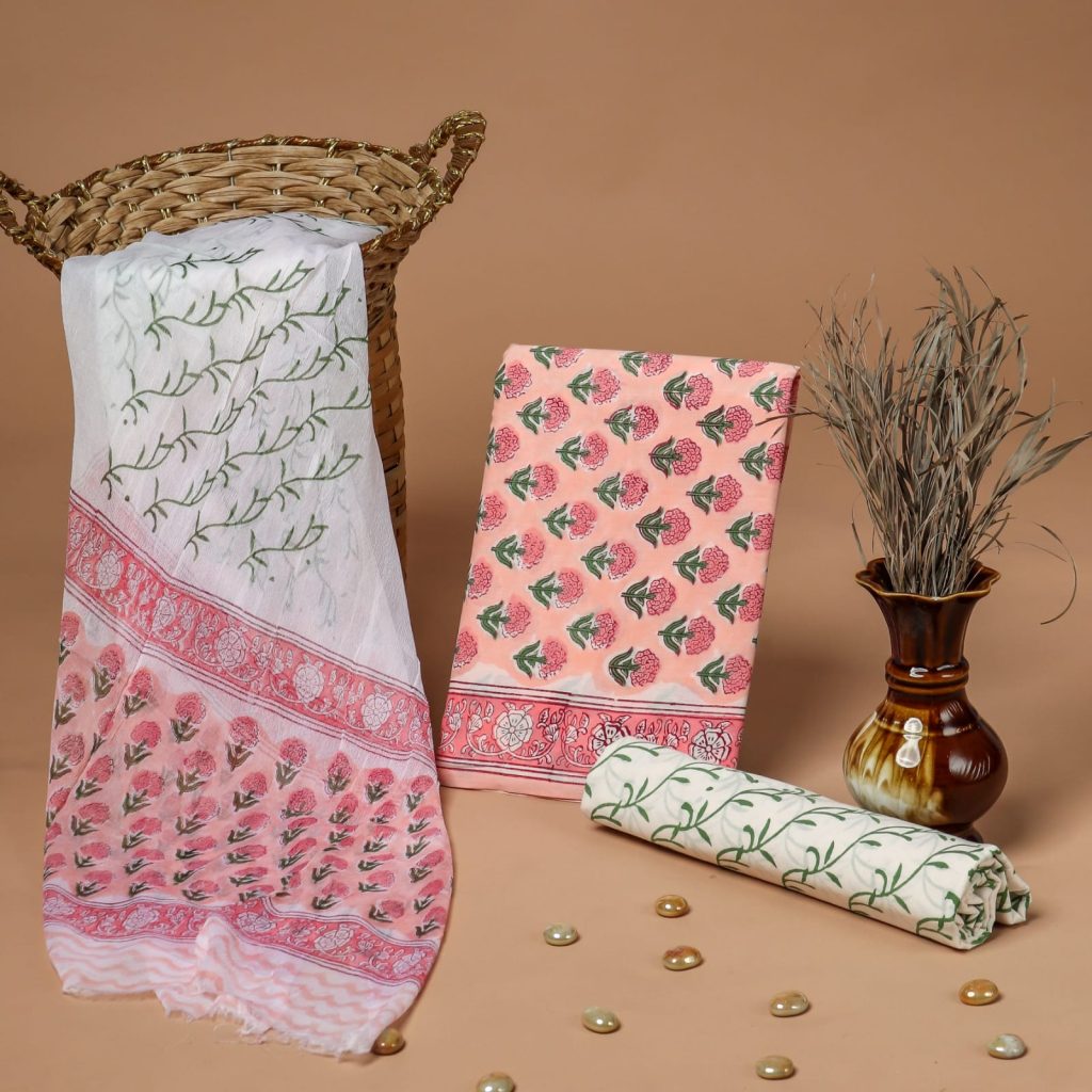 Melon pink pigment print cotton dress materials online with chiffon dupatta