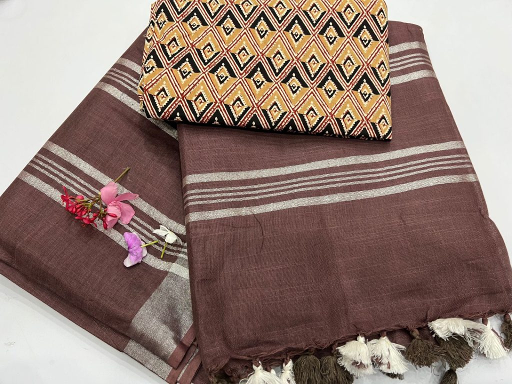Bulgarian Rose color linen sarees new arrival with printed cotton blouse
