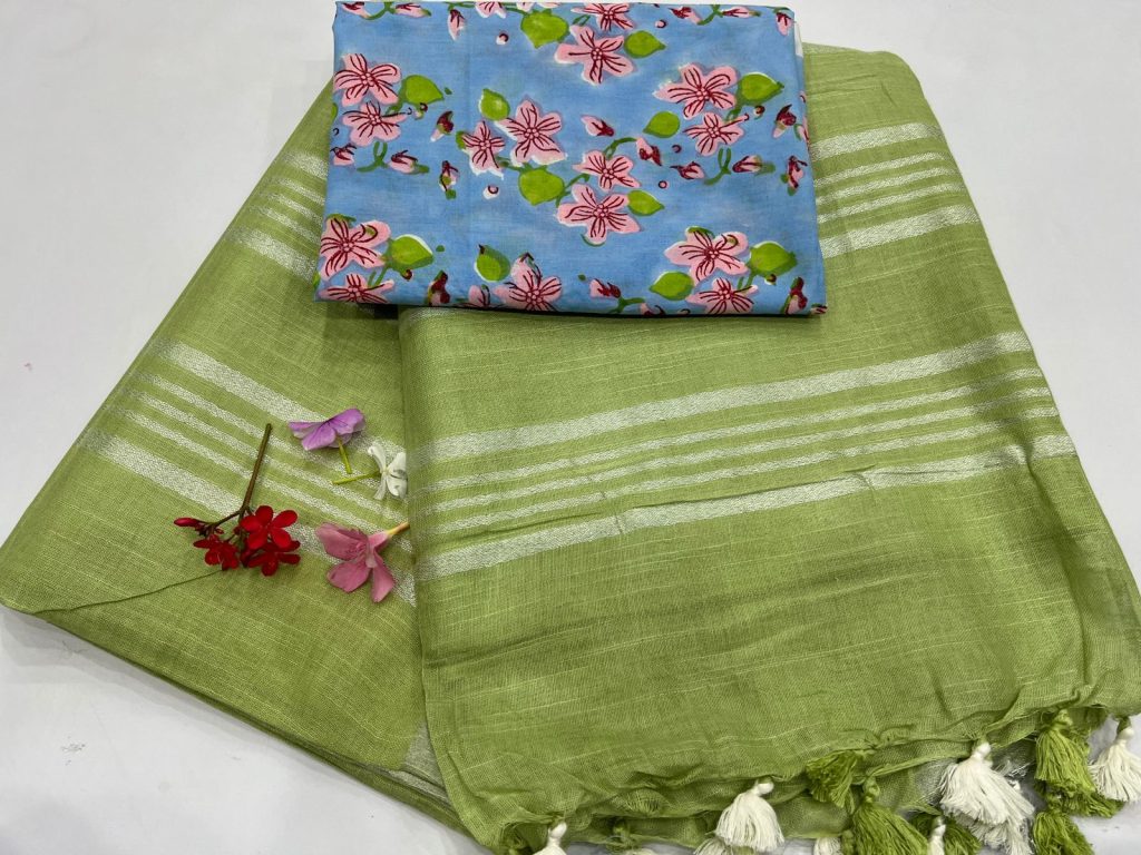 Citron green linen saree for women with blue printed cotton blouse