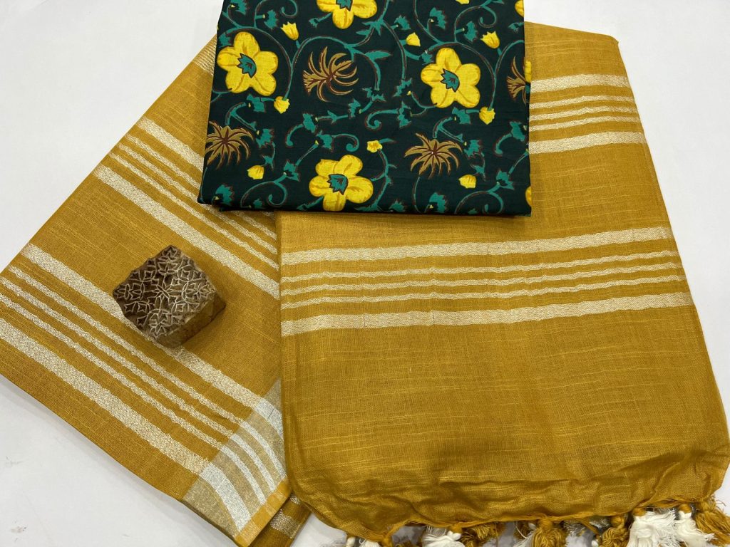 DarkGoldenrod color best linen sarees with printed blouse