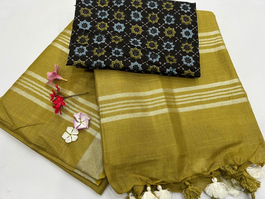 Mehandi color buy linen sarees online with printed blouse