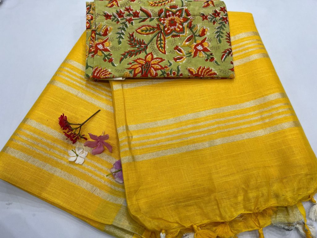 Mikado Yellow pure linen tissue sarees with printed cotton blouse