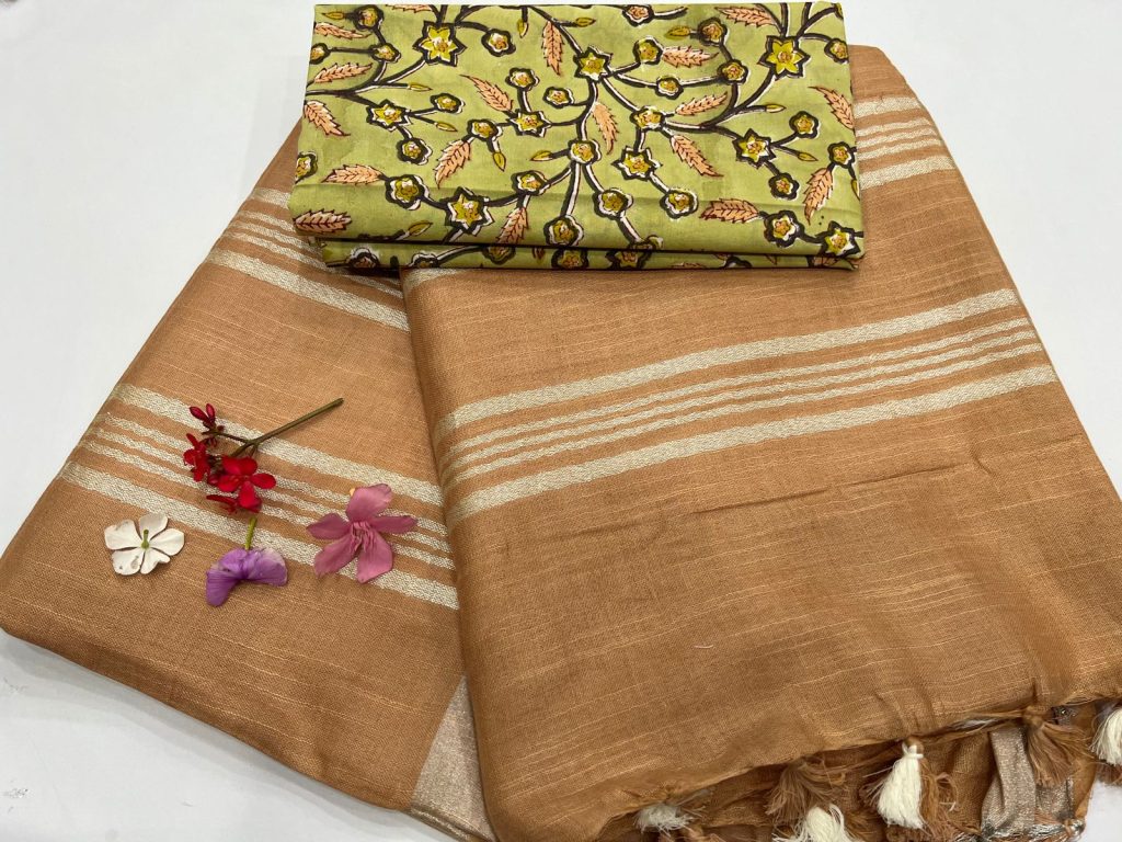 Ochre brown plain linen new saree collection with printed cotton blouse