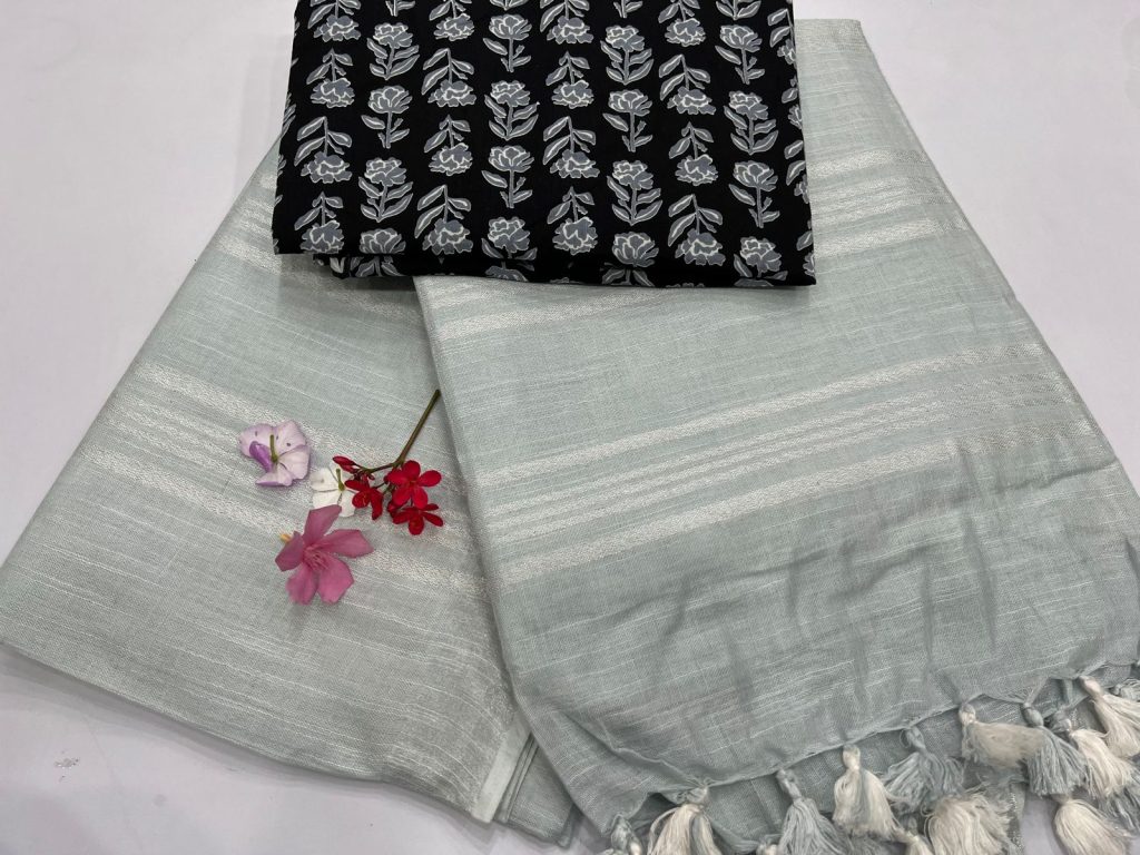 Opal green linen cotton sarees with printed blouse