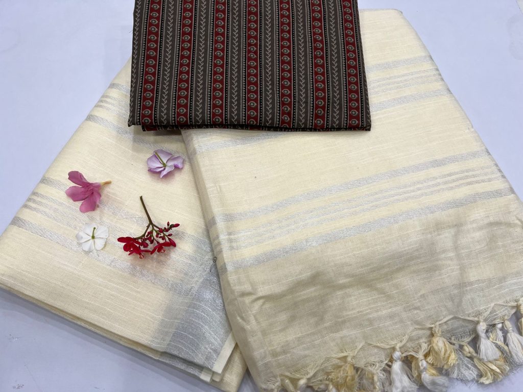 PapayaWhip color plain linen sarees with printed cotton blouse