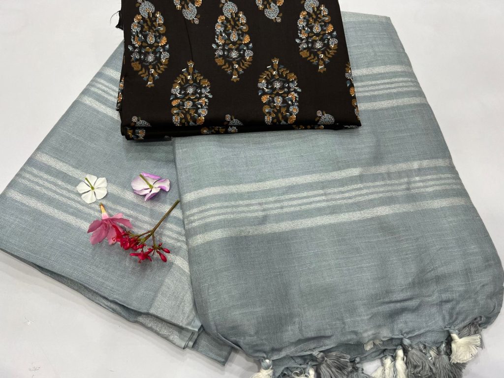 Pewter Blue Pure linen saree online with cotton printed blouse