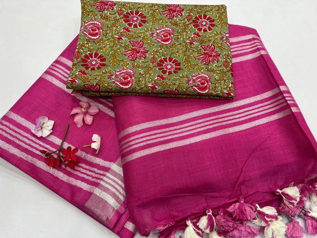 Rose pink plain linen new design saree with cotton printed blouse