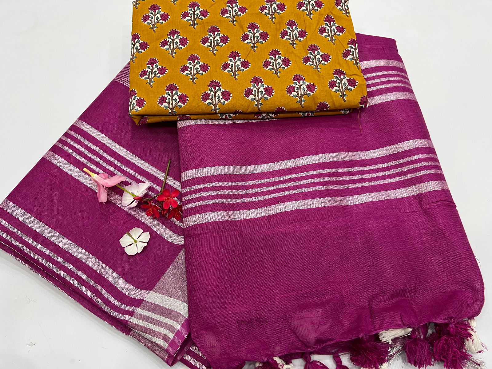 Tyrian Purple linen sarees with price and printed cotton blouse