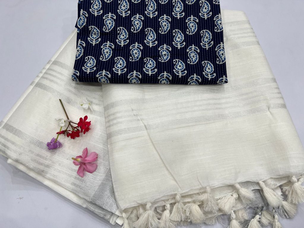 White plain linen professional office wear sarees with printed cotton blouse