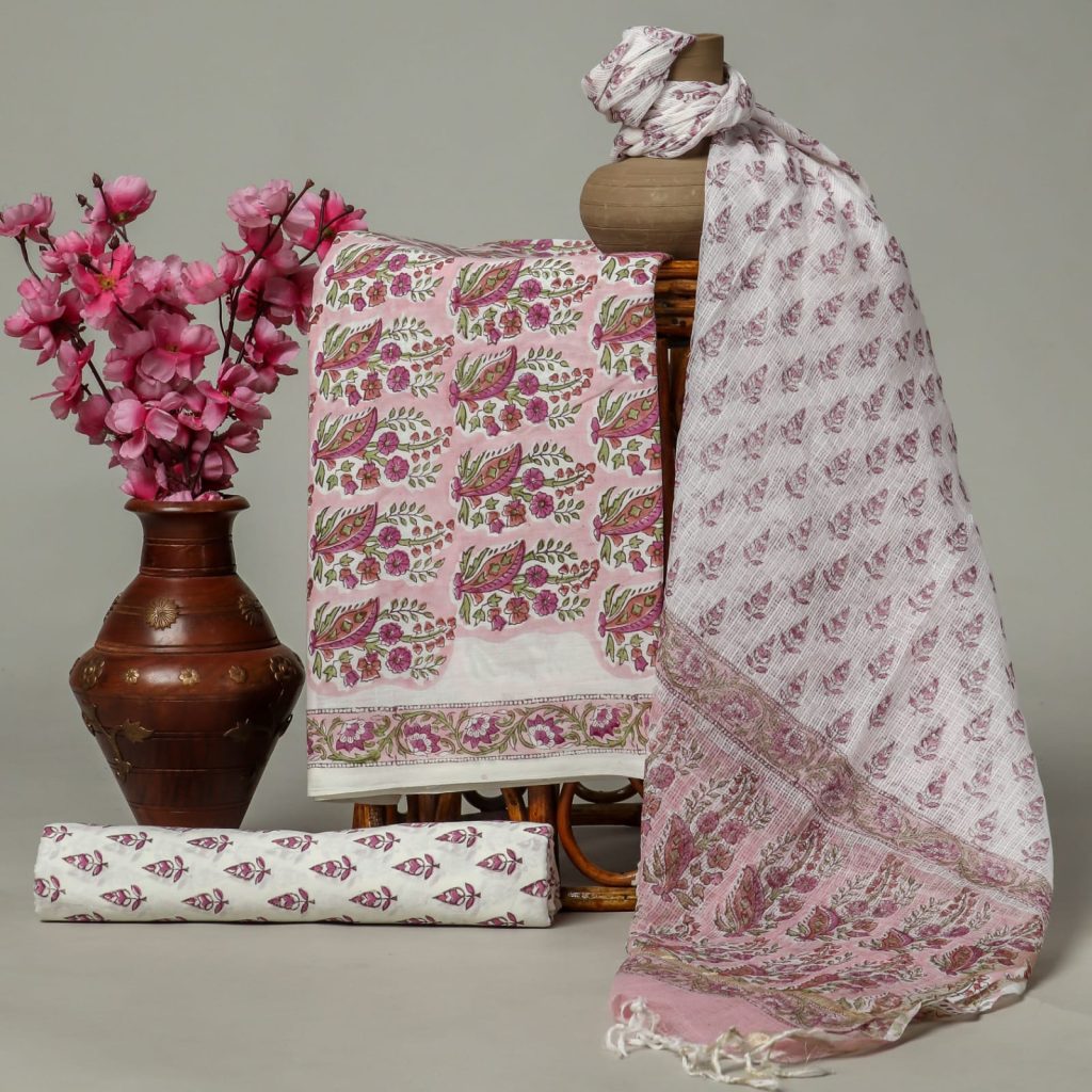 Bubble Gum pink office wear salwar kameez designs with kota doria dupatta