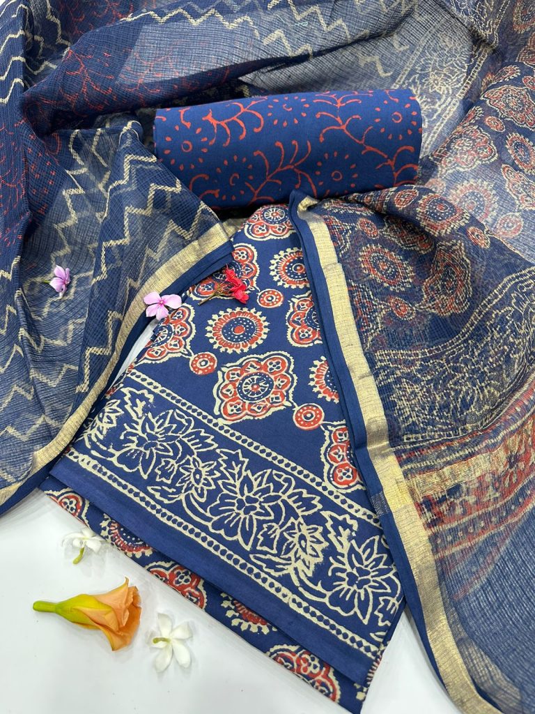Prussian blue printed formal salwar suits for office wear with kota doria dupatta