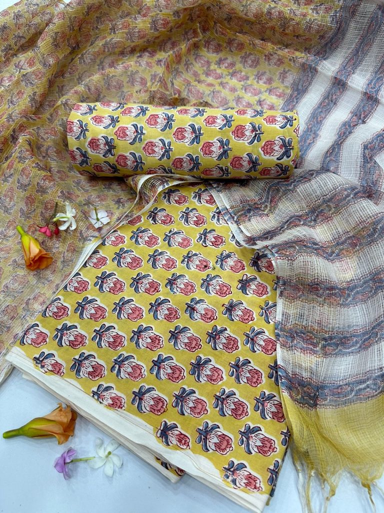 Yellow pigment print office wear salwar suits online with kota doria dupatta