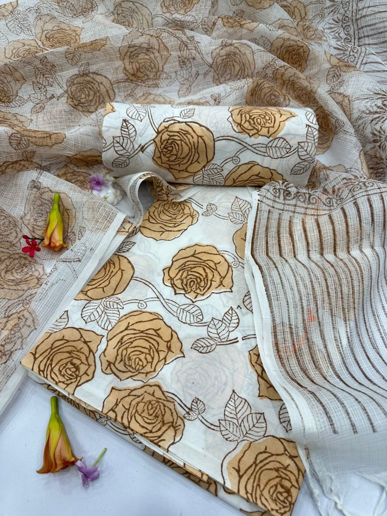 White with lite brown rose print cotton suit design for women with kota doria dupatta