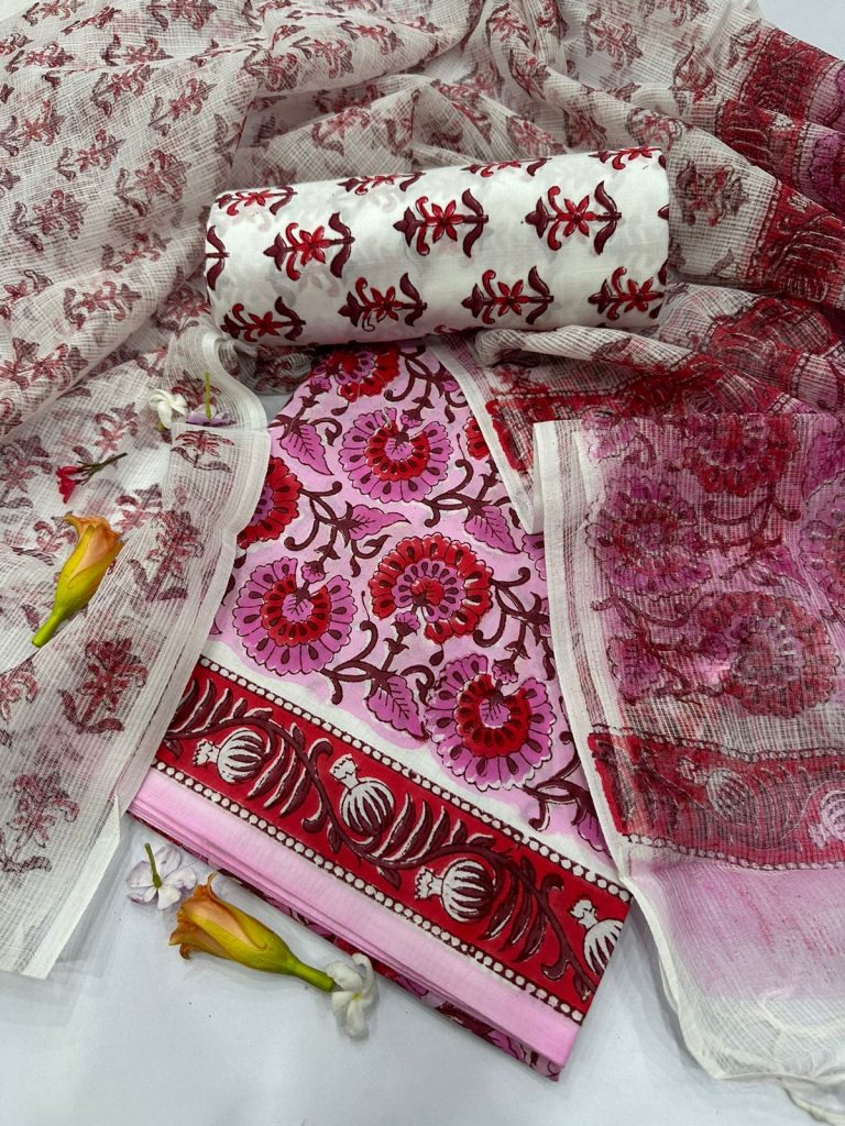 Magenta pink printed summer suits for women with kota doria dupatta