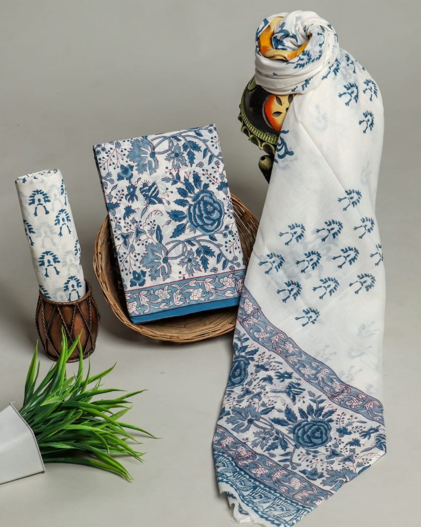 White blue hand block printed jaipuri cotton suits with cotton dupatta