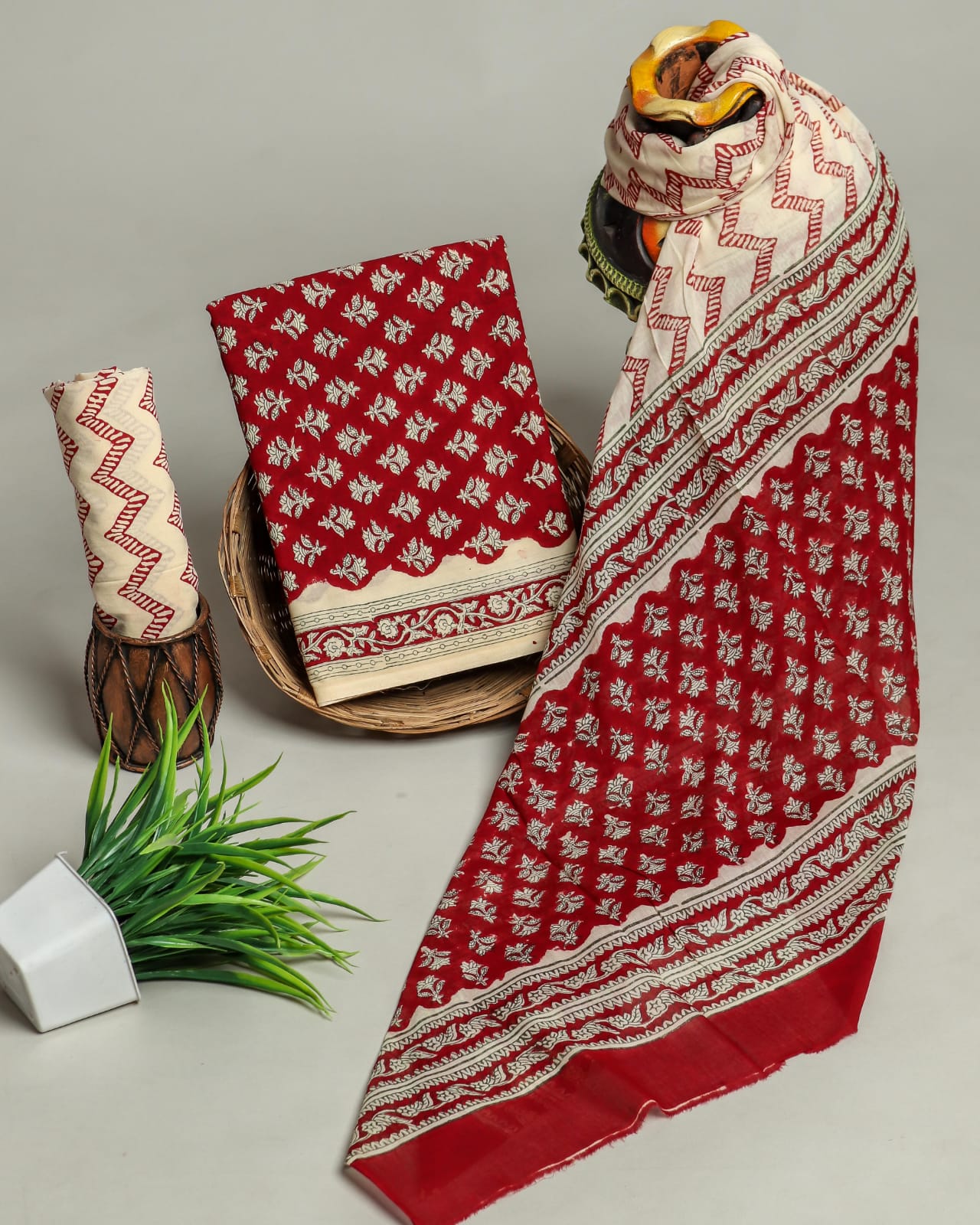 Red bagru print cotton salwar suit with cotton dupatta