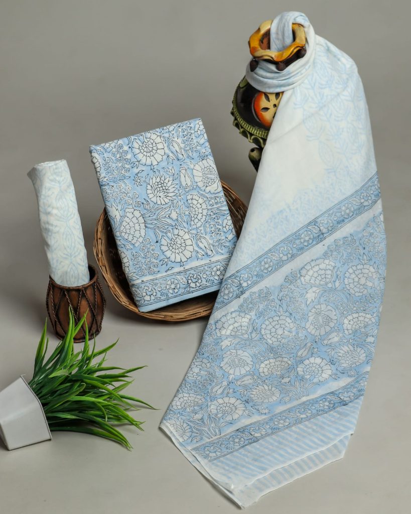Baby blue cotton suit design for women with cotton dupatta
