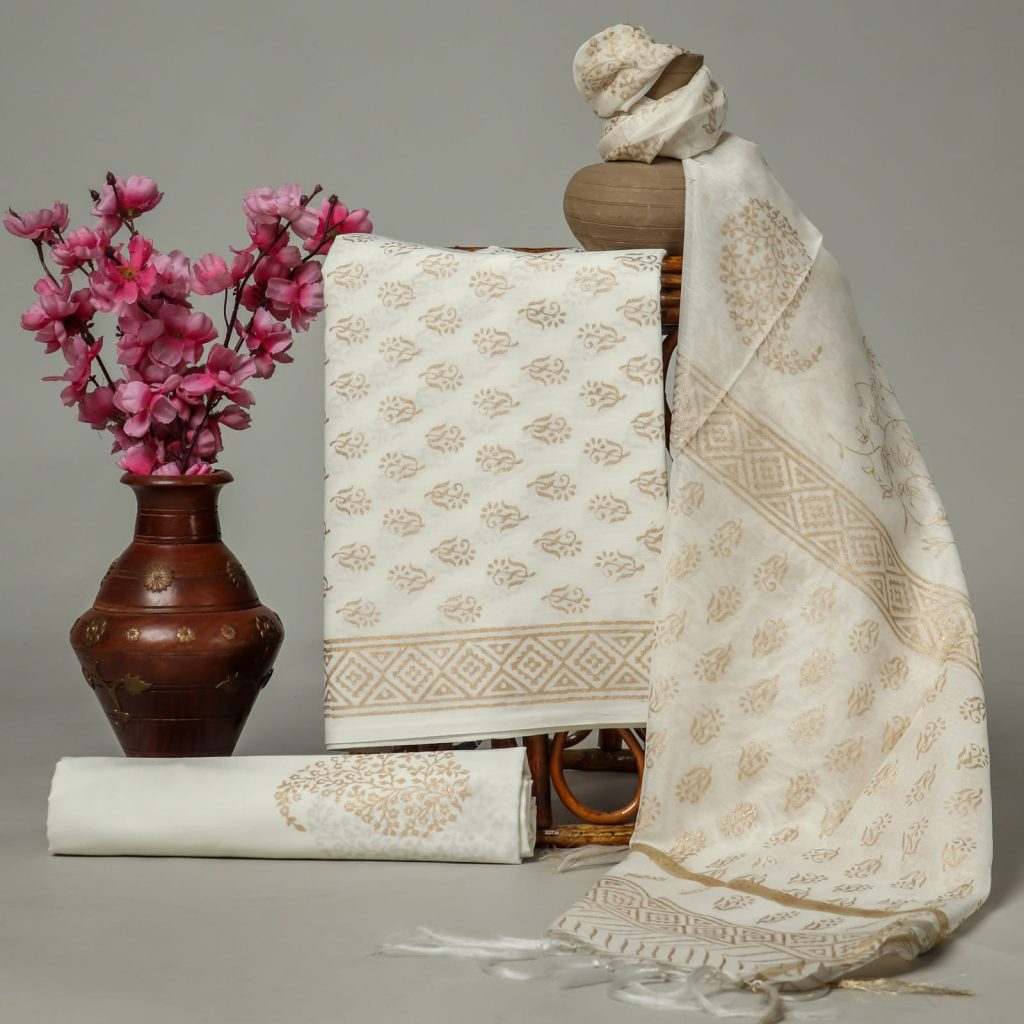 Off white Cotton gold hand block print suits wholesale with chanderi cotton dupatta