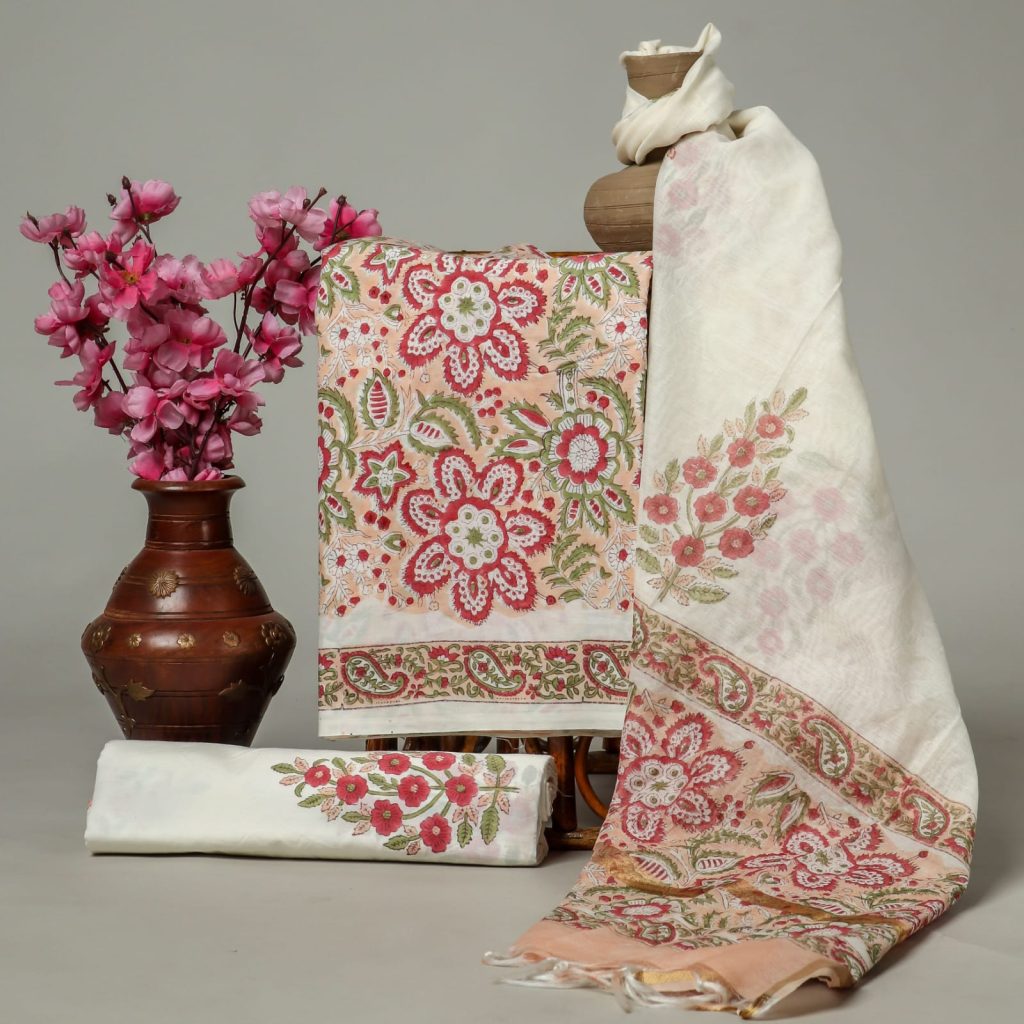 Tumbleweed brown Cotton hand block print dress material wholesale with chanderi cotton dupatta